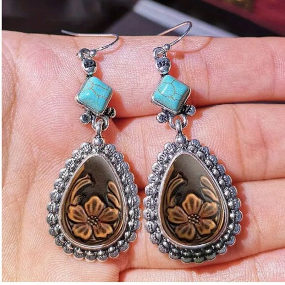 NEW Western style Brown & Turquoise Stud with drop earrings - Silver plated - Picture 2 of 2
